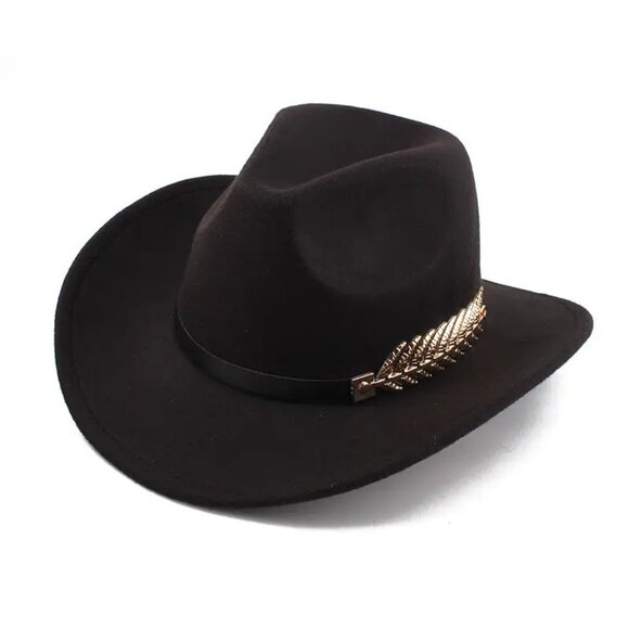 Black Western Cowboy Cowgirl Hat‎ Felt Wide Brim Fedora with Gold Leaf Accent - Picture 1 of 9
